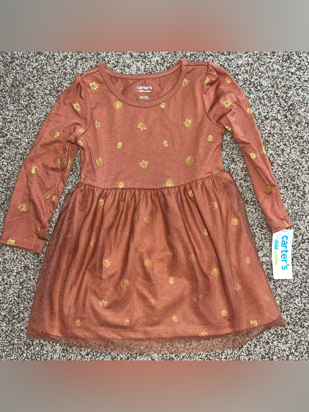 NWT 2T Carter's Burnt Orange Fall Theme Dress with Gold Accents and Tulle Skirt